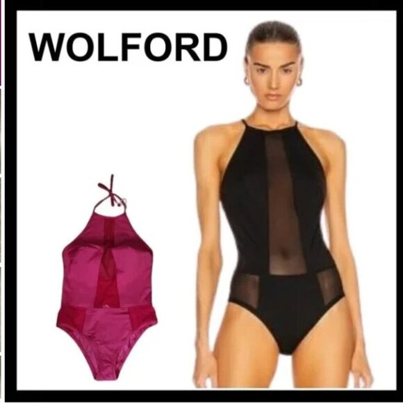 NWOT WOLFORD Rubino red mesh high neck halter one piece swimsuit - Picture 1 of 15